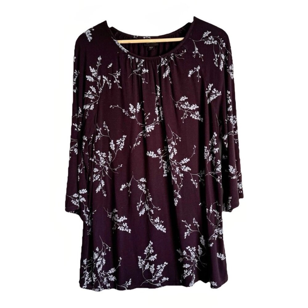 J. Jill Wearever Womens Large Petite Black Floral Tunic Top 3/4 Sleeves Relaxed